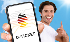 Mann zeigt auf Smartphonedisplay, darauf ist das D-Ticket-Logo zu sehen