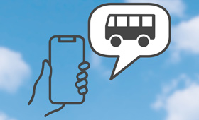 Piktogramm einer Hand mit Smartphone und einer Sprechblase, in der der ein Bus abgebildet ist.