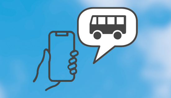 Grafik einer Hand mit Smartphone und einer Sprechblase, in der der ein Bus zu sehen ist